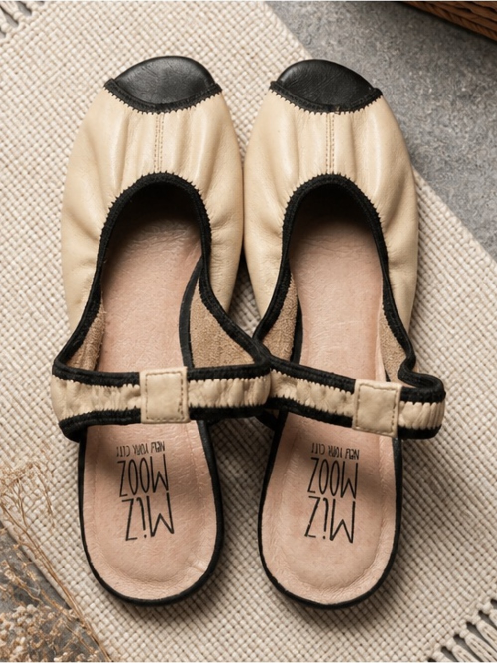 Miz Mooz Beige and Black Leather Mary Jane Flats with elastic Strap